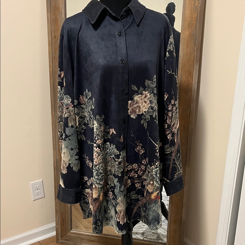 Soft Surroundings Floral Button-Up Top - Navy and Floral